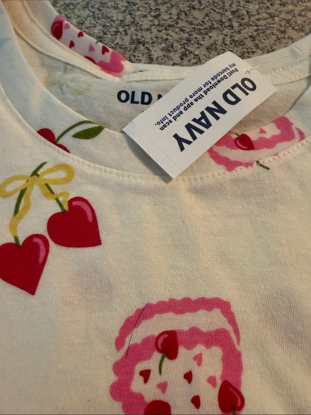 Old Navy White Tee with Pink Cake and Red Cherry Print NWT